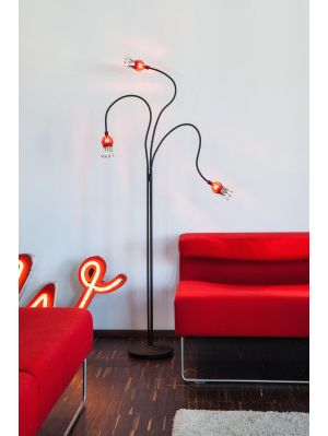 Serien Lighting Poppy Floor 3 arms black arms, shades ruby and steel black base